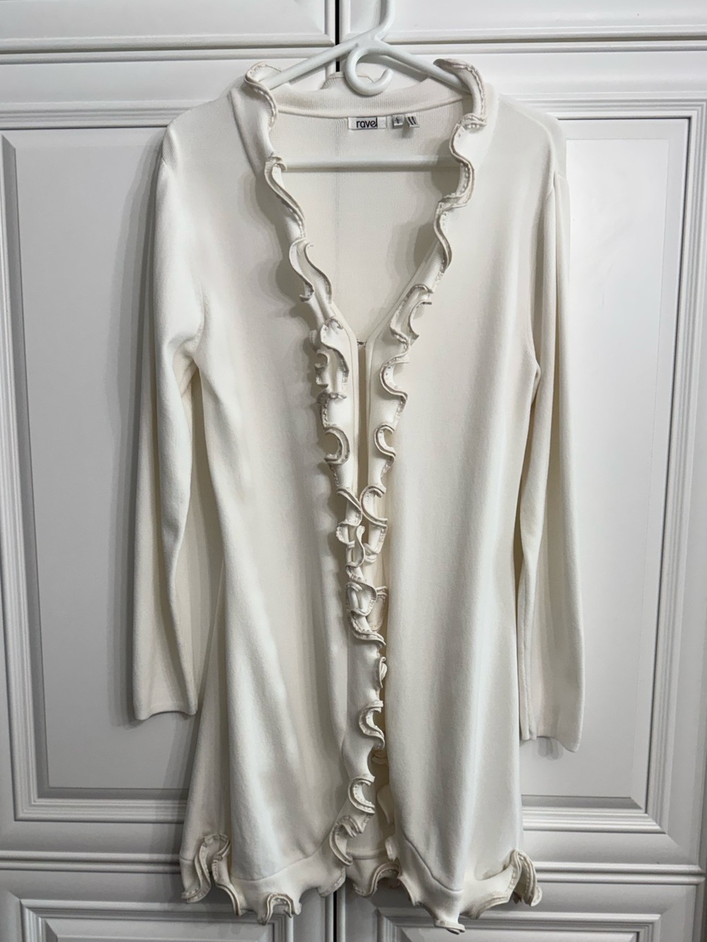 ravel Cream with Ivory Ruffle-Trim Long Sleeve Open Cardigan Sweater Coat Jacket